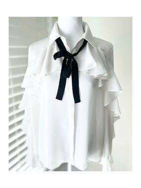 Zara White Ruffle Blouse with Black Tie Bow